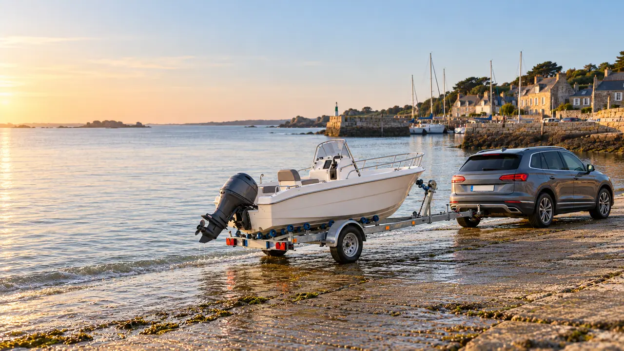 Remorque porte-bateau galvanisée avec un petit bateau à moteur sur une cale de mise à l’eau