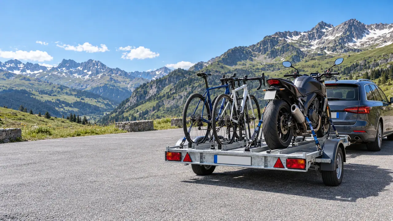 Remorque porte-motos à rails avec une moto et deux vélos sur une route de col