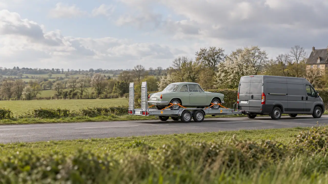 Plateau porte-voiture double essieu transportant une petite voiture ancienne sanglée